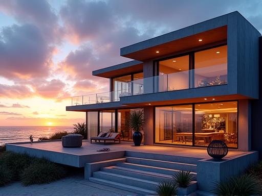 Modern beachfront home in Brighton at sunset.