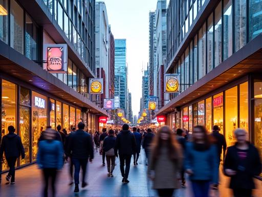 Busy pedestrian area in the Docklands Retail Precinct.